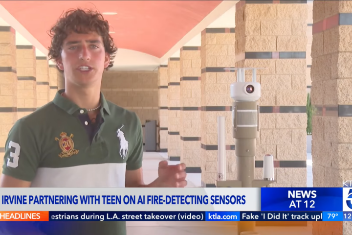 Ryan Honary, founder of SensoRy AI and a Newport Harbor High School graduate, discusses the company's wildfire detection technology during an interview with KTLA 5.