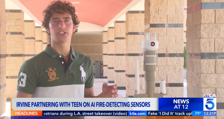 Ryan Honary, founder of SensoRy AI and a Newport Harbor High School graduate, discusses the company's wildfire detection technology during an interview with KTLA 5.