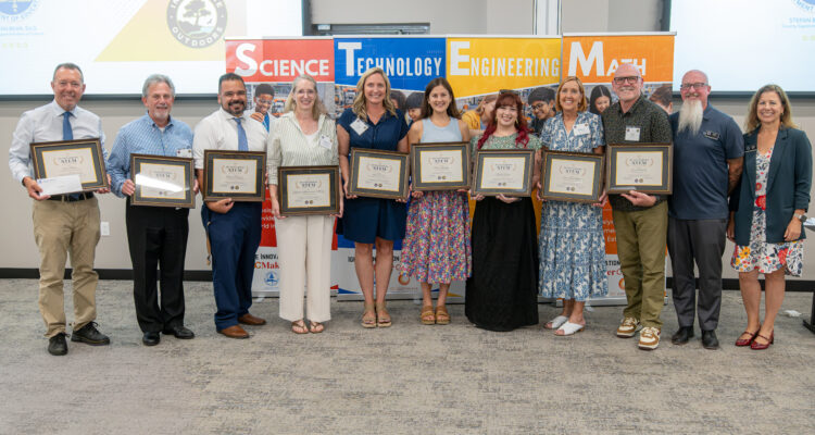 Nine recipients of the 2026 Outstanding STEM Educator Awards gather with OCDE staff following the Aug. 4 awards celebration at the Orange County Department of Education Conference Center in Costa Mesa.