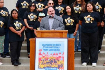 Anaheim Union High School District Superintendent Jaron Fried leads community members in the community schools celebration at Anaheim High School Aug. 4. (Courtesy of AUHSD)