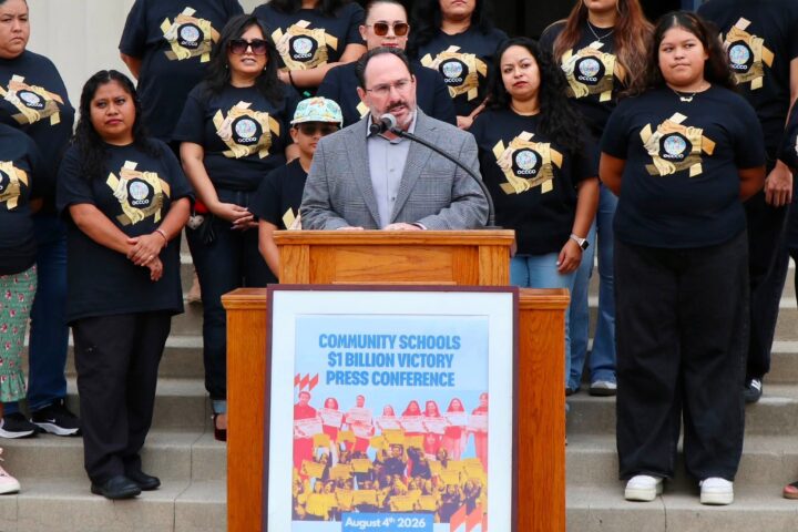 Anaheim Union High School District Superintendent Jaron Fried leads community members in the community schools celebration at Anaheim High School Aug. 4. (Courtesy of AUHSD)