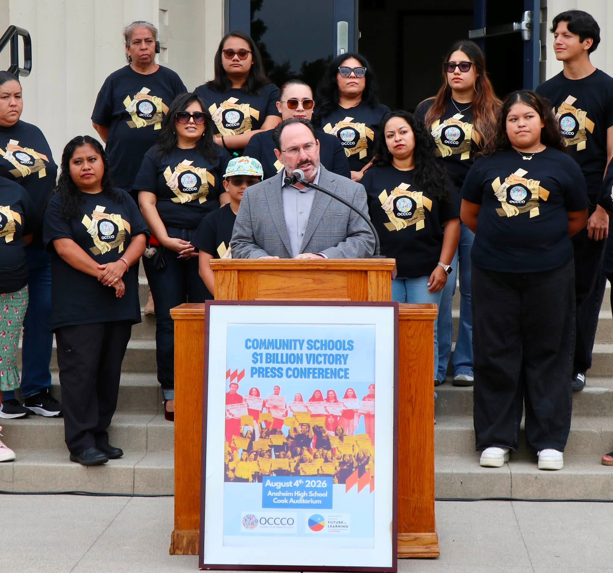 Anaheim Union High School District Superintendent Jaron Fried leads community members in the community schools celebration at Anaheim High School Aug. 4. (Courtesy of AUHSD)