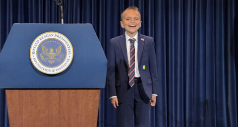 Logan Thielen poses at the Ronald Reagan Presidential Library after earning first place in the California National Civics Bee. The Brea Junior High School seventh-grader will represent California at the National Civics Bee Championship in Washington, D.C., in October.