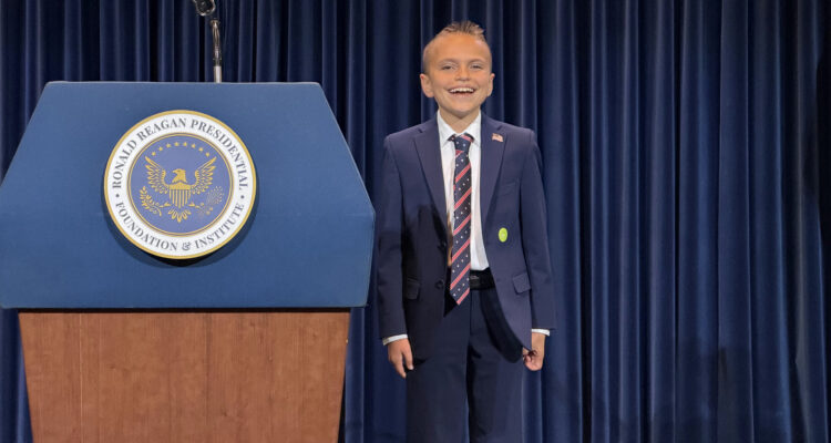 Logan Thielen poses at the Ronald Reagan Presidential Library after earning first place in the California National Civics Bee. The Brea Junior High School seventh-grader will represent California at the National Civics Bee Championship in Washington, D.C., in October.