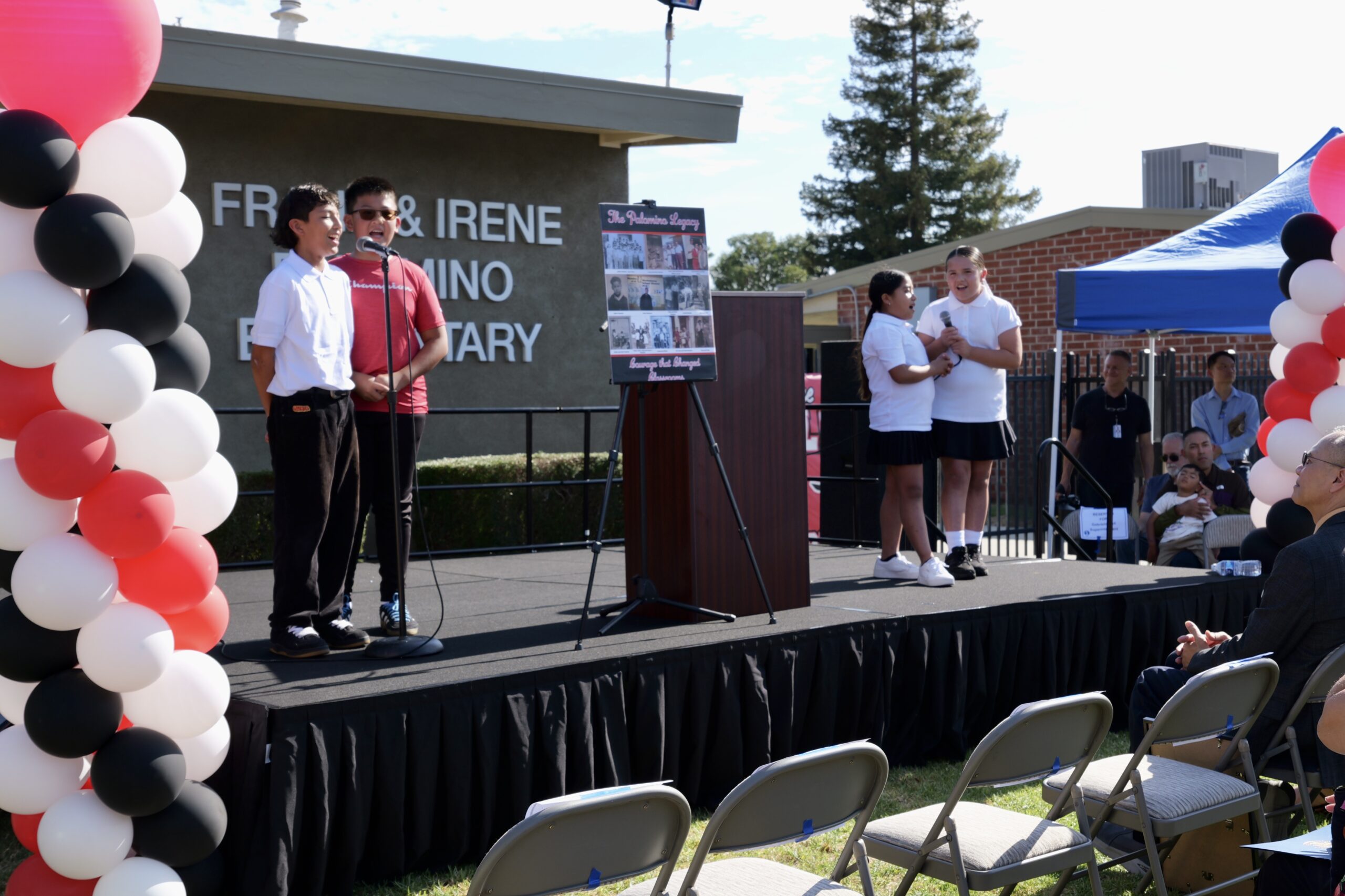 Students from Frank and Irene Palomino Elementary perform “Cielito Lindo” at the ribbon-cutting ceremony renaming the school in honor of the Palomino's role in ending school segregation 