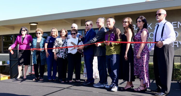 Members of the Palomino family and local officials cut a ribbon to commemorate the renaming of the formerly Rosita Elementary to Frank and Irene Palomino Elementary