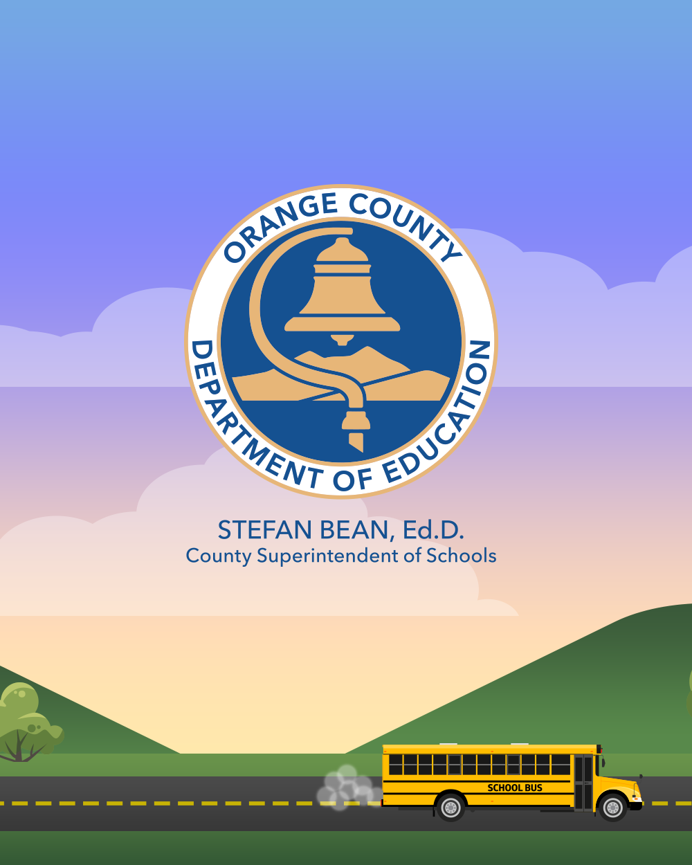 Closing slide featuring the Orange County Department of Education logo and the name "Stefan Bean, Ed.D., County Superintendent of Schools."