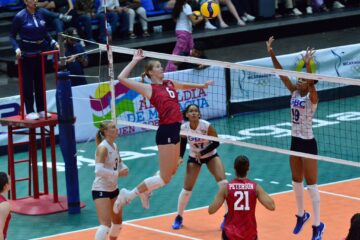 Middle/outside blocker Megan Hodges (6) leaps for a spike in the gold medal game against the Dominican Republic at the NORCECA U23 Pan Am Cup in Managua, Nicaragua.