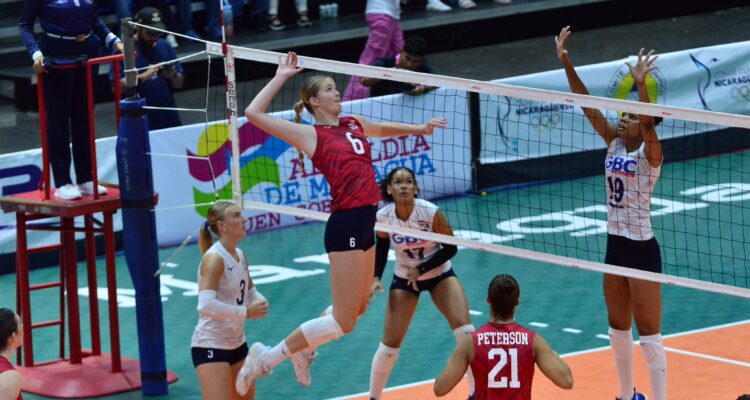 Middle/outside blocker Megan Hodges (6) leaps for a spike in the gold medal game against the Dominican Republic at the NORCECA U23 Pan Am Cup in Managua, Nicaragua.