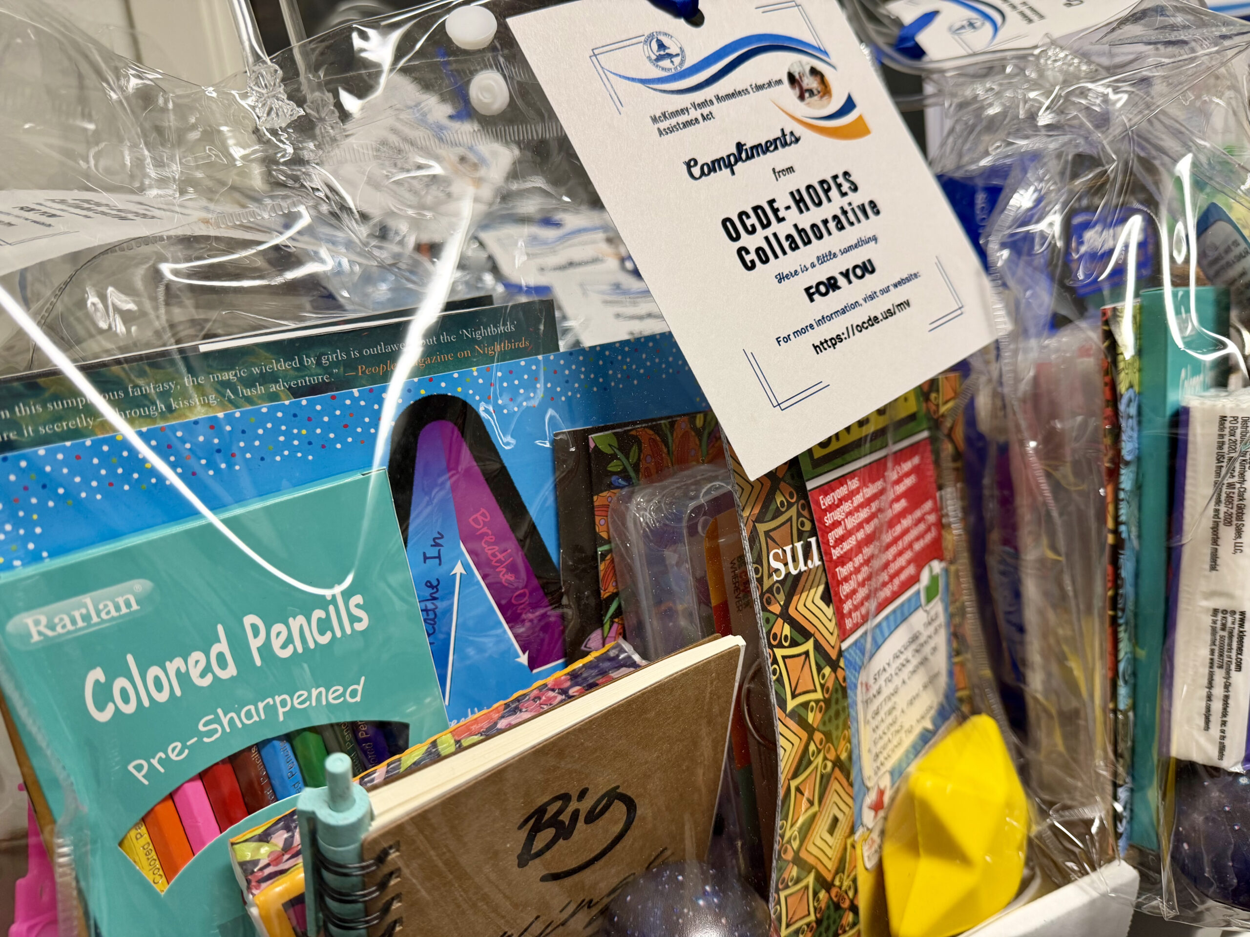 A welcome gift prepared by OCDE’s HOPES Collaborative includes school supplies, books and other items for a teenager entering a local homeless shelter. The team provides the gifts to help students experiencing homelessness as they transition into an unfamiliar setting.