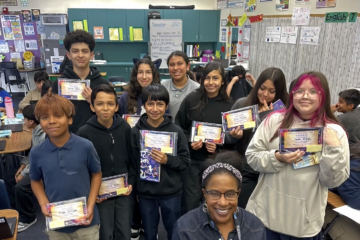 Mendez Fundamental Intermediate School students in the Santa Ana Unified School District earn special certificates and prizes for completing the 2025 STEAM Race to Space Reading Challenge. (Courtesy of Mendez Intermediate)
