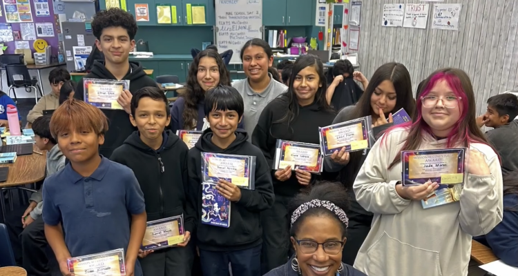 Mendez Fundamental Intermediate School students in the Santa Ana Unified School District earn special certificates and prizes for completing the 2025 STEAM Race to Space Reading Challenge. (Courtesy of Mendez Intermediate)