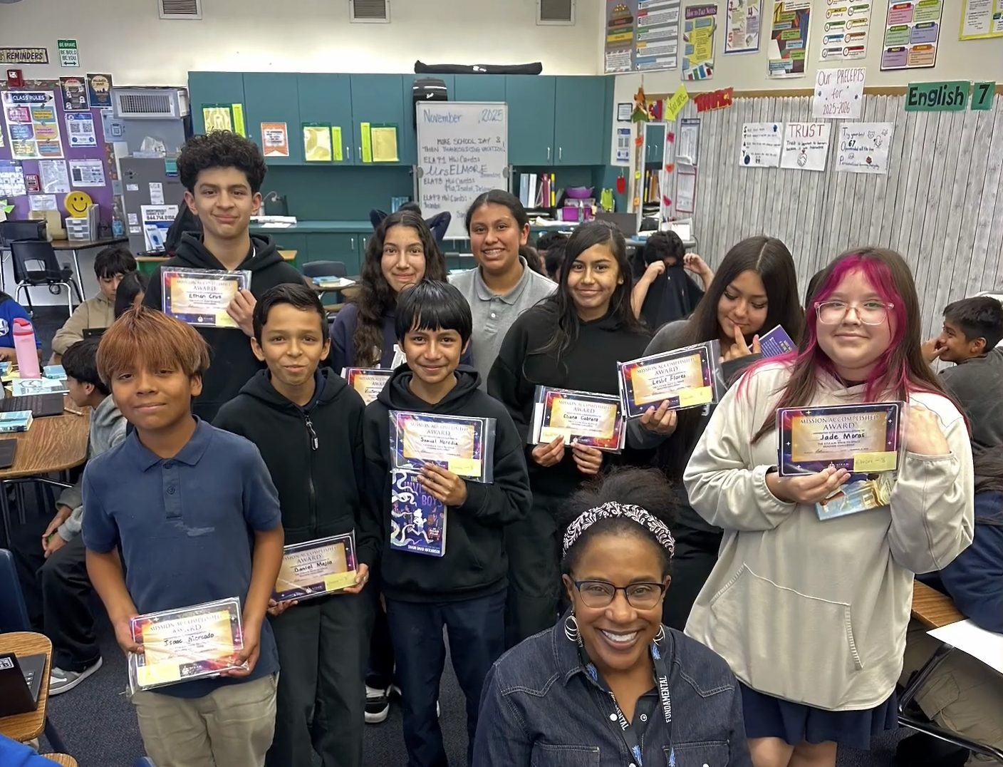 Mendez Fundamental Intermediate School students in the Santa Ana Unified School District earn special certificates and prizes for completing the 2025 STEAM Race to Space Reading Challenge. (Courtesy of Mendez Intermediate)