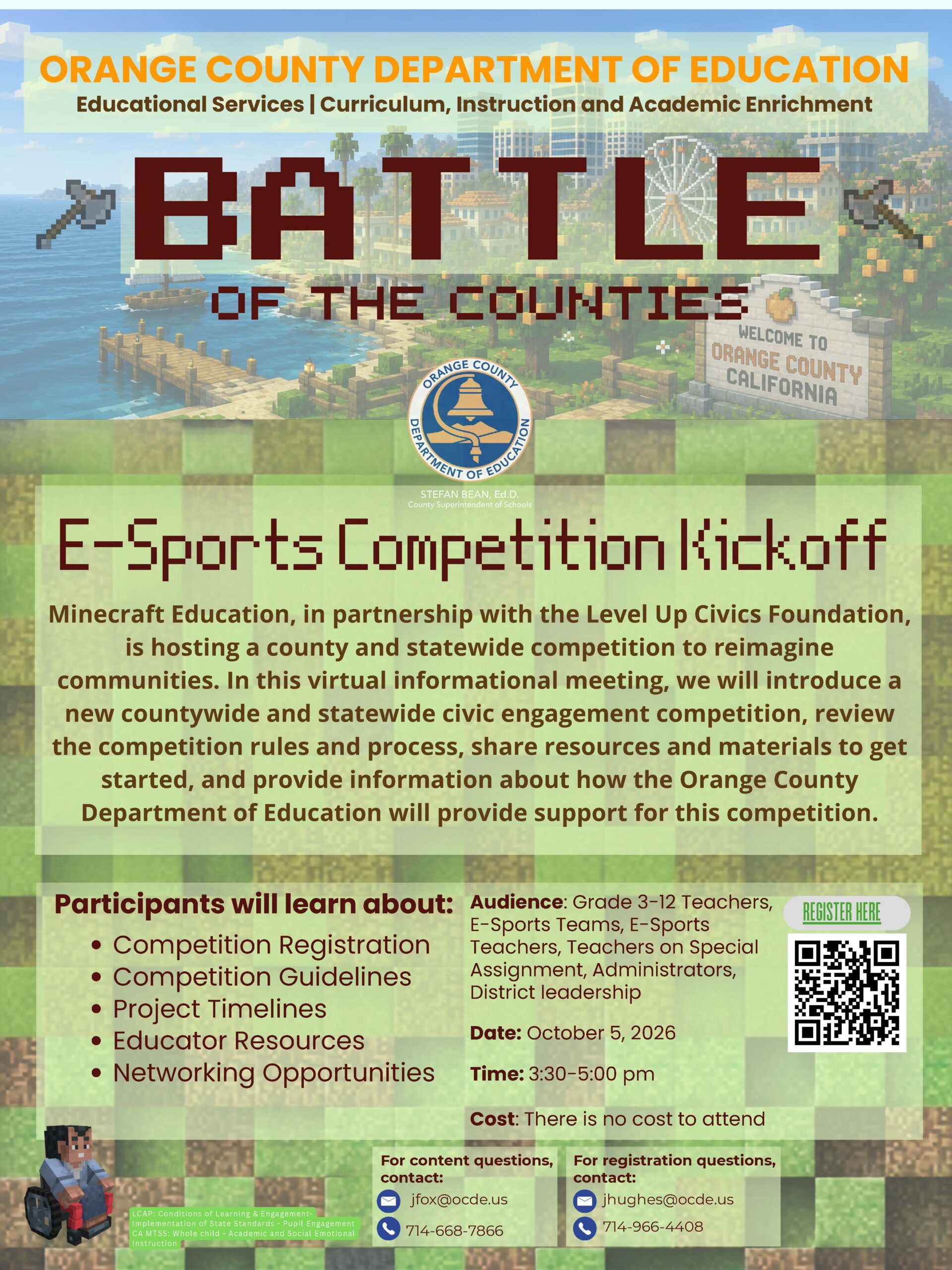 Educators are invited to learn how students can take part in OCDE’s “Battle of the Counties” Minecraft Education competition during a virtual kickoff on Oct. 5.
