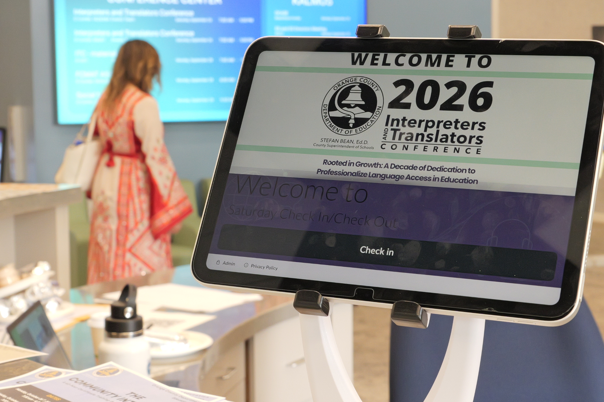 Attendees check in for the 2026 Interpreters and Translators Conference, held Sept. 24-26 at the Orange County Department of Education in Costa Mesa.