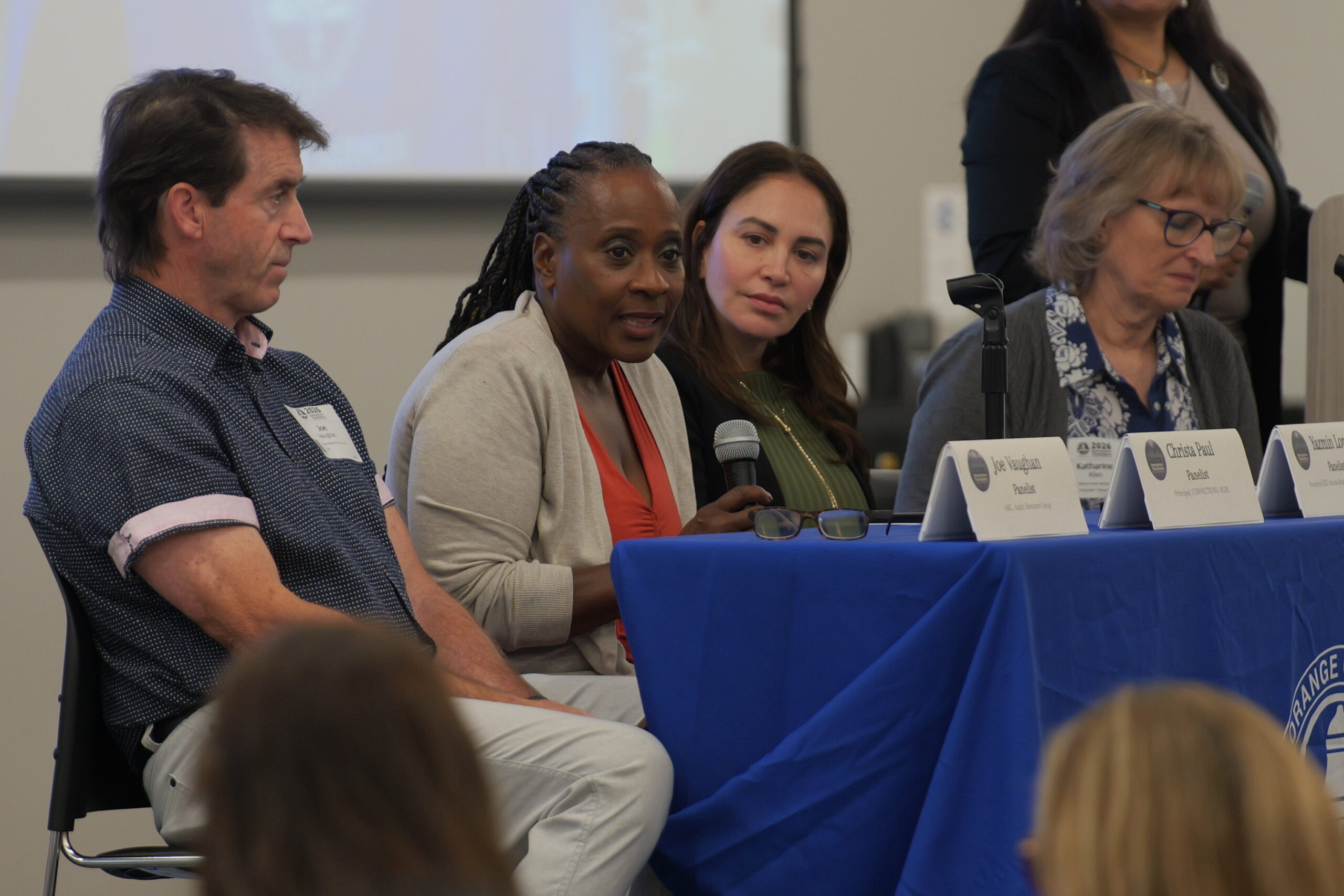 OCDE Principal Christa Paul, second from left, speaks during a panel discussion at the 2026 Interpreters and Translators Conference. Paul serves as principal of Connections at Harbor Learning Center South.