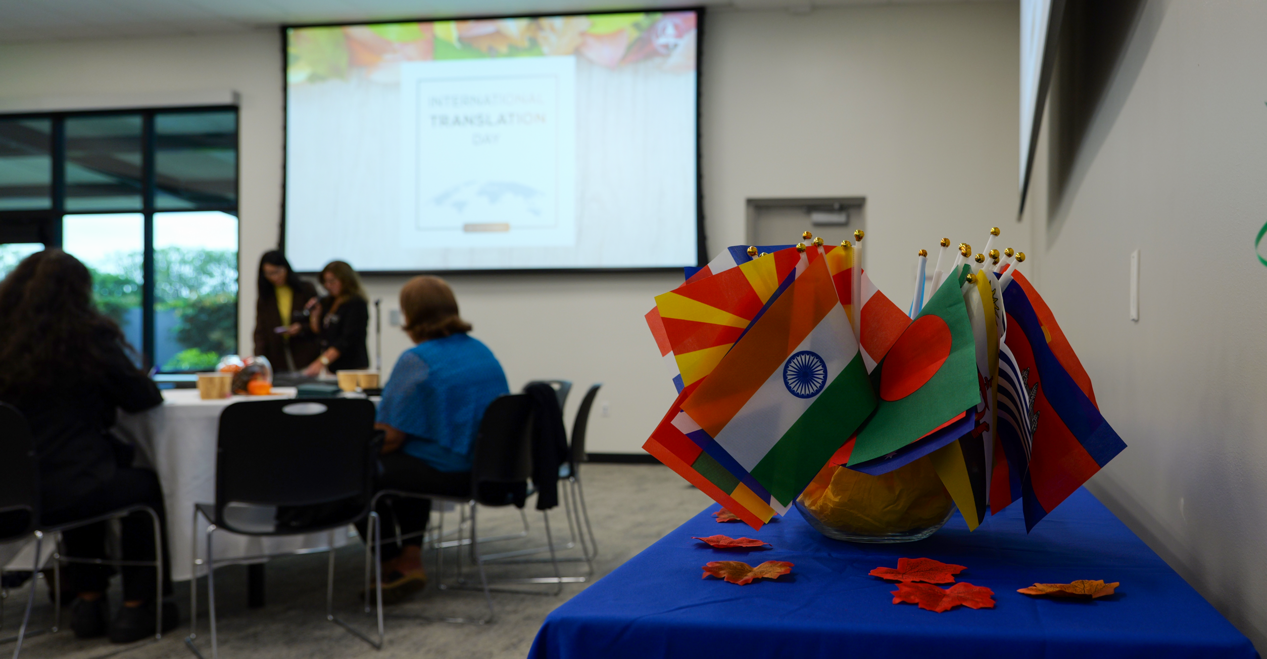 Flags representing languages and cultures from around the world are displayed during OCDE’s 2025 International Translation Day celebration at the department’s Conference Center in Costa Mesa.