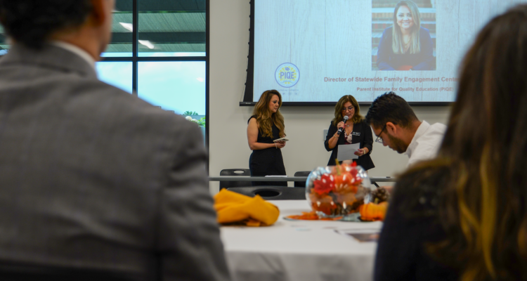 OCDE Language Services Coordinator Natalia Abarca, right, introduces keynote speaker Dr. Janet Núñez-Pineda during the 2025 International Translation Day celebration at the OCDE Conference Center.