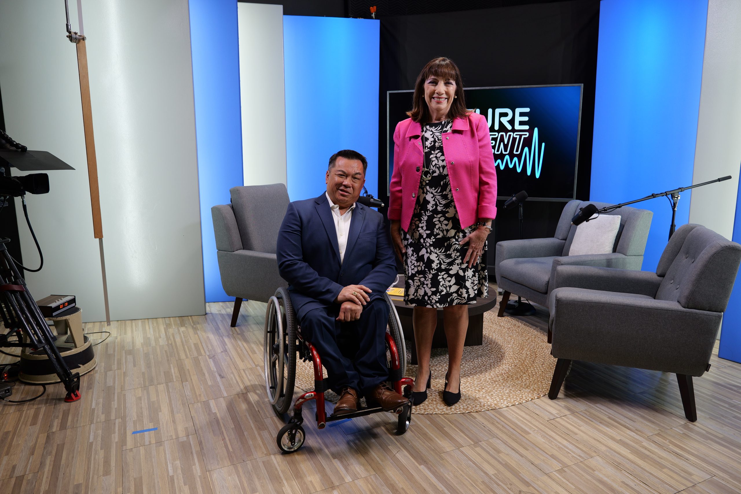 Orange County Superintendent Dr. Stefan Bean and Project Tomorrow CEO Julie Evans pose together in the OCDE Media Services studio