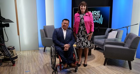 Orange County Superintendent Dr. Stefan Bean and Project Tomorrow CEO Julie Evans pose together in the OCDE Media Services studio