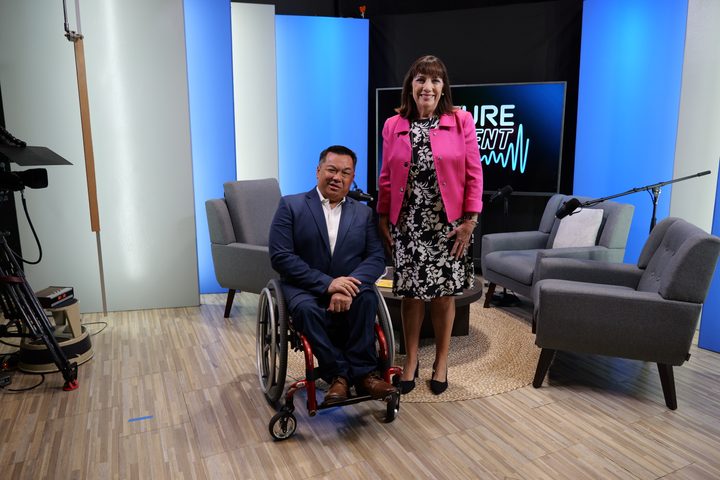 Orange County Superintendent Dr. Stefan Bean and Project Tomorrow CEO Julie Evans pose together in the OCDE Media Services studio