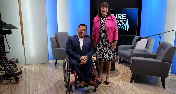 Orange County Superintendent Dr. Stefan Bean and Project Tomorrow CEO Julie Evans pose together in the OCDE Media Services studio