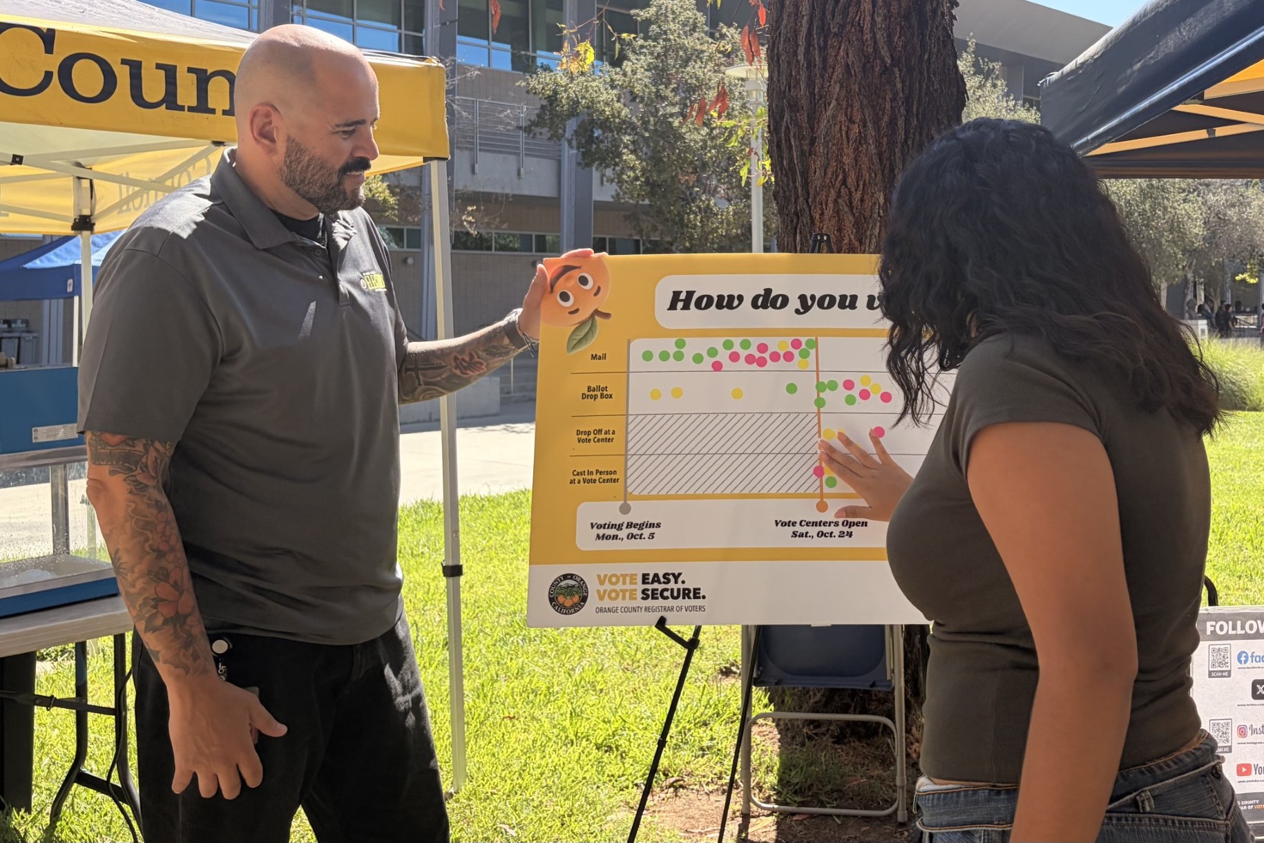 Representatives from the Orange County Registrar of Voters share information about voting options during an outreach event at Santiago Canyon College in Orange.
