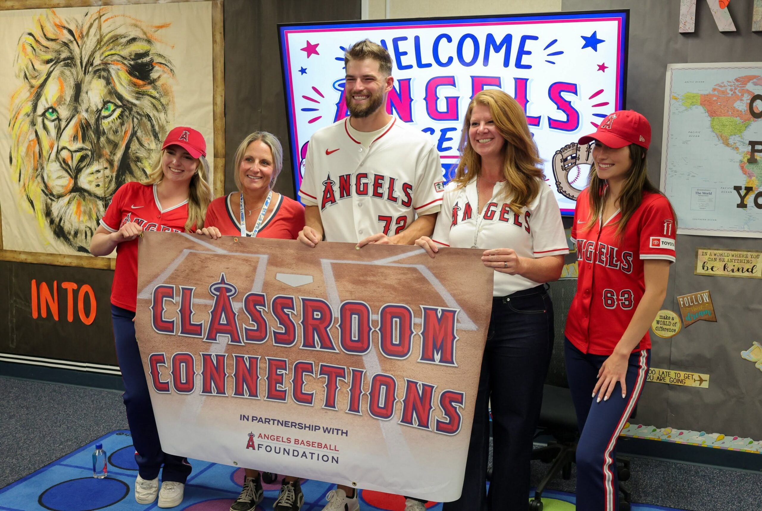 Los Angeles Angels pitcher Trey Murphy visits staff and students at Lomarena Elementary School to present a special $2,000 Classroom Connections grant toward STEM education programs. (Courtesy of Angels Baseball Foundation)