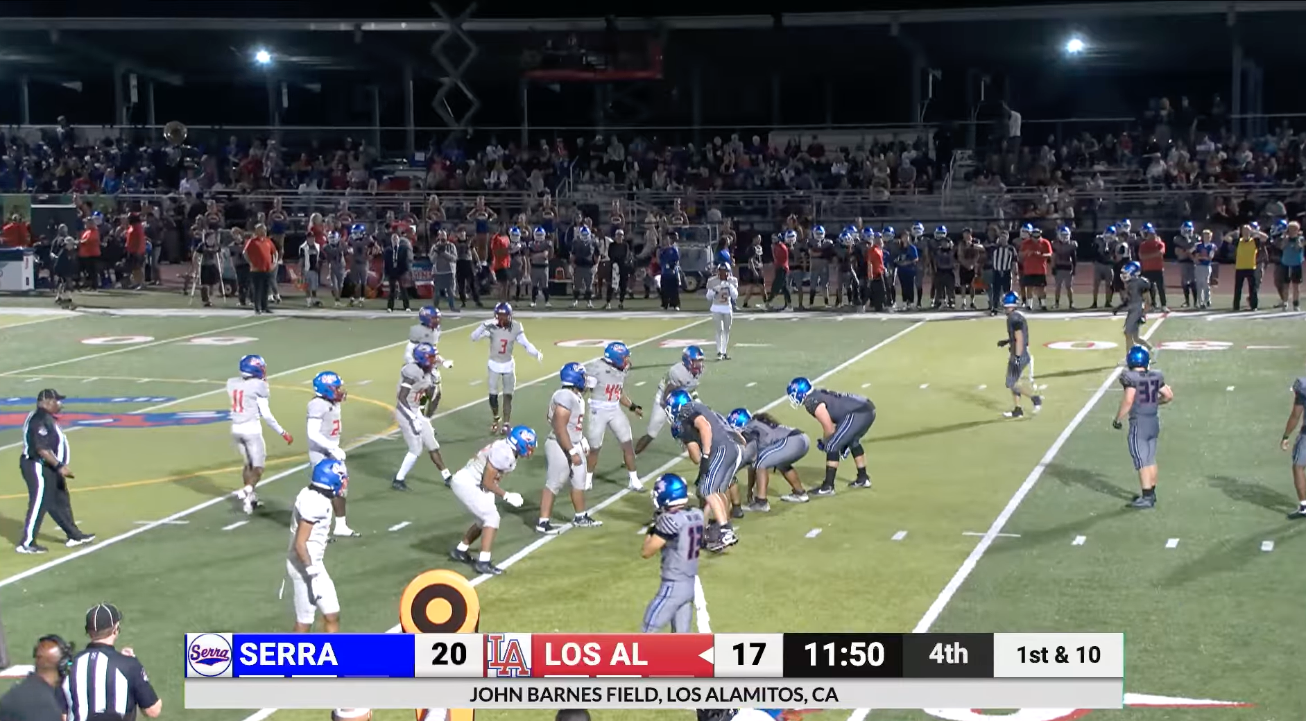 A screen grab from Los Alamitos High School’s first student-produced live varsity football broadcast shows the Griffins taking on Junipero Serra High School on Sept. 4.