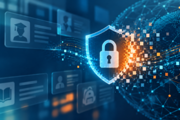 Abstract illustration representing student data security, featuring a digital shield, padlock and network connections.