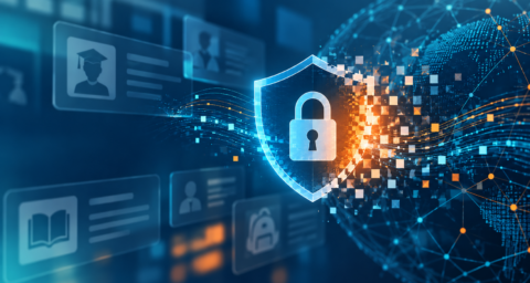 Abstract illustration representing student data security, featuring a digital shield, padlock and network connections.