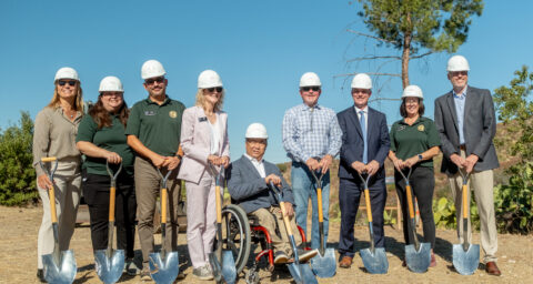 From left, Lynne Pentecost, CEO of Schoolhaus Advisors Inc.; Sara Ludovise and Yarib Dheming of OCDE’s Inside the Outdoors; Orange County Board of Education Trustee Mari Barke; Orange County Superintendent of Schools Dr. Stefan Bean; board Clerk Dr. Ken Williams; board President Tim Shaw; Inside the Outdoors Operations Manager Stephanie Smith; and Robert Demmond, associate principal with tBP/Architecture, gather for the Rancho Soñado groundbreaking.