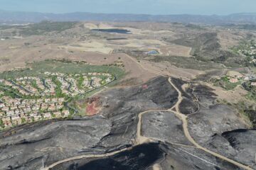 Aerial view of charred, blackened hillsides and winding dirt roads following the Norte Fire in San Clemente, with residential neighborhoods bordering the burned area and rolling hills in the distance.