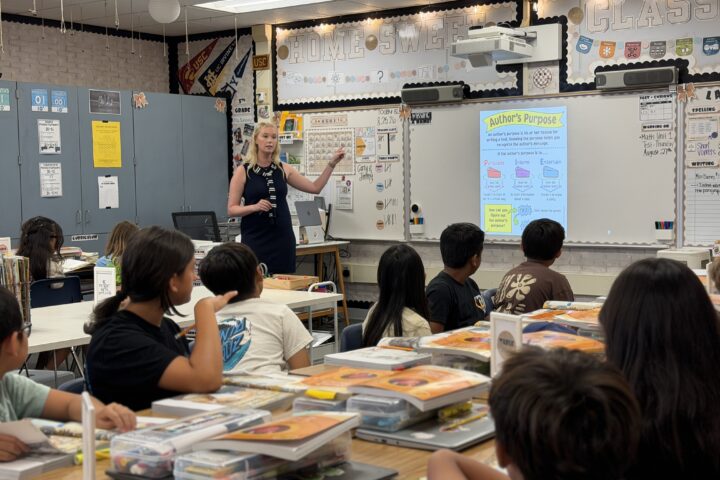 Teacher Shelby Burney leads a lesson on author's purpose at Jack L. Weaver Elementary School in Los Alamitos Unified School District. The school earned the No. 10 spot in California in U.S. News & World Report’s latest elementary school rankings.