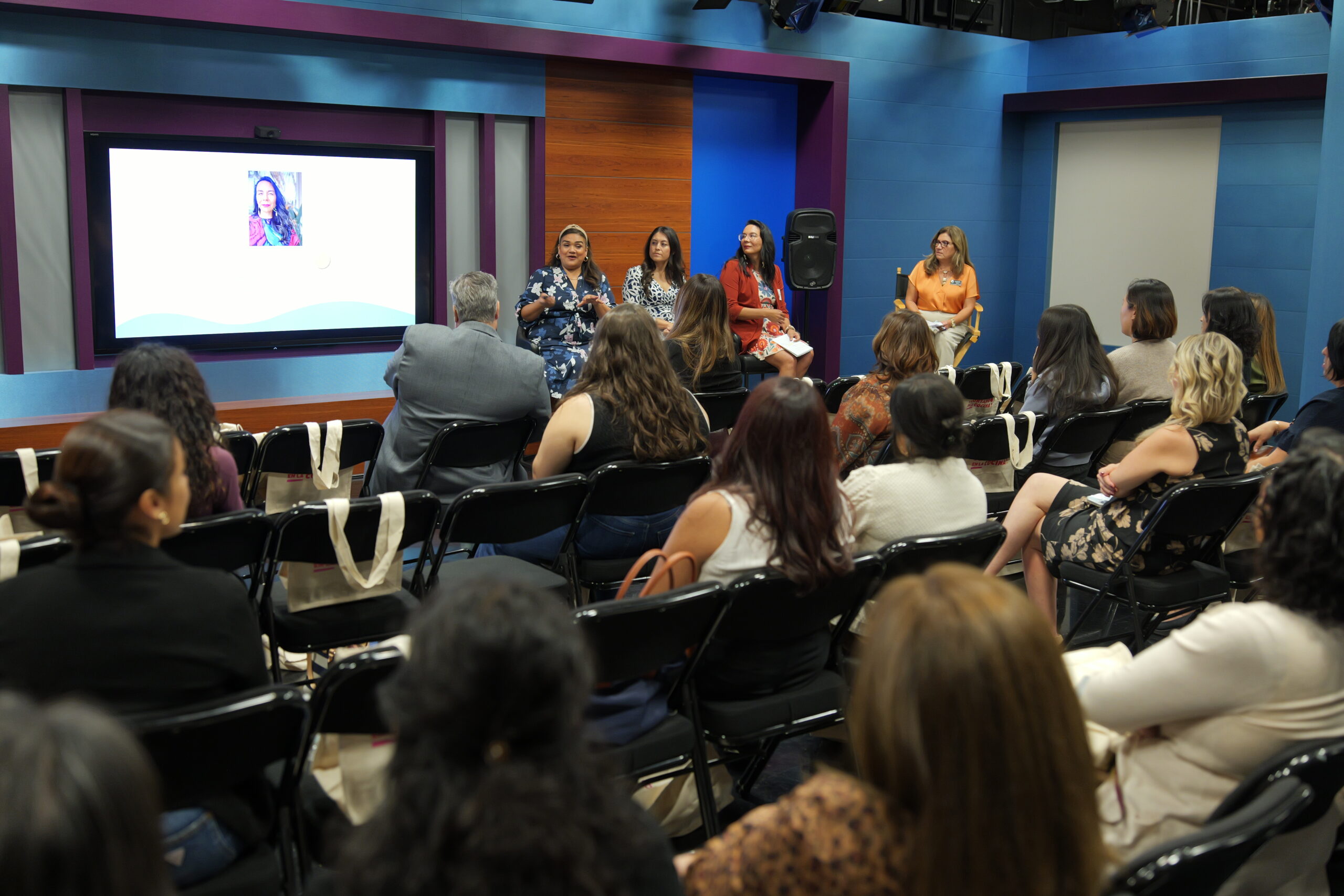 PBS SoCal Early Learning Partnerships Manager Daniela Valenzuela, left, speaks during a panel discussion moderated by OCDE Language Services Coordinator Natalia Abarca, right, at the International Translation Day celebration.