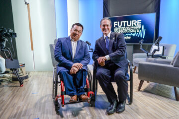 Orange County Superintendent of Schools Dr. Stefan Bean, left, and Orange County District Attorney Todd Spitzer discuss student safety, prevention and community partnerships on the set of OCDE’s FutureCurrent podcast.