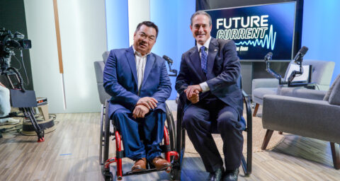 Orange County Superintendent of Schools Dr. Stefan Bean, left, and Orange County District Attorney Todd Spitzer discuss student safety, prevention and community partnerships on the set of OCDE’s FutureCurrent podcast.