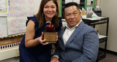 Wendy Saldivar poses with Orange County Superintendent of Schools Dr. Stefan Bean after receiving her 2027 Orange County Teacher of the Year award during a surprise classroom visit in April.