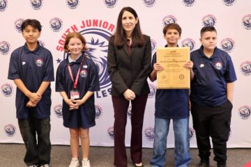 Students at South Jr. High receive their State Civic Learning Award of Excellence from Chief Justice Patricia Guerrero on Sept. 28. (Photos courtesy of Anaheim Union High School District)