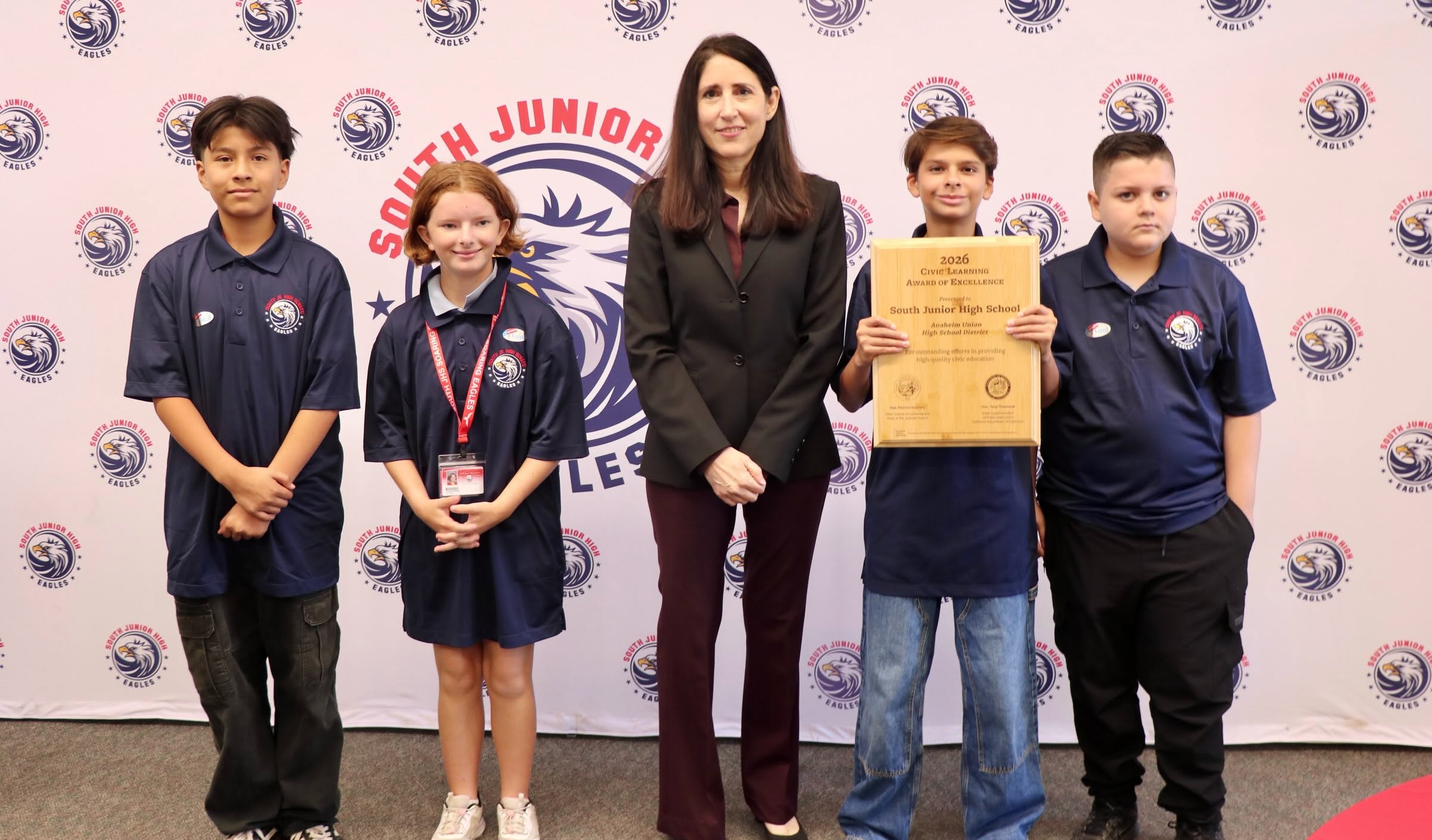 Students at South Jr. High receive their State Civic Learning Award of Excellence from Chief Justice Patricia Guerrero on Sept. 28. (Photos courtesy of Anaheim Union High School District)