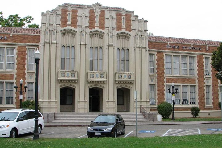 Exterior of Santa Rosa High School in Northern California, featuring its historic architecture and prominent central entrance.