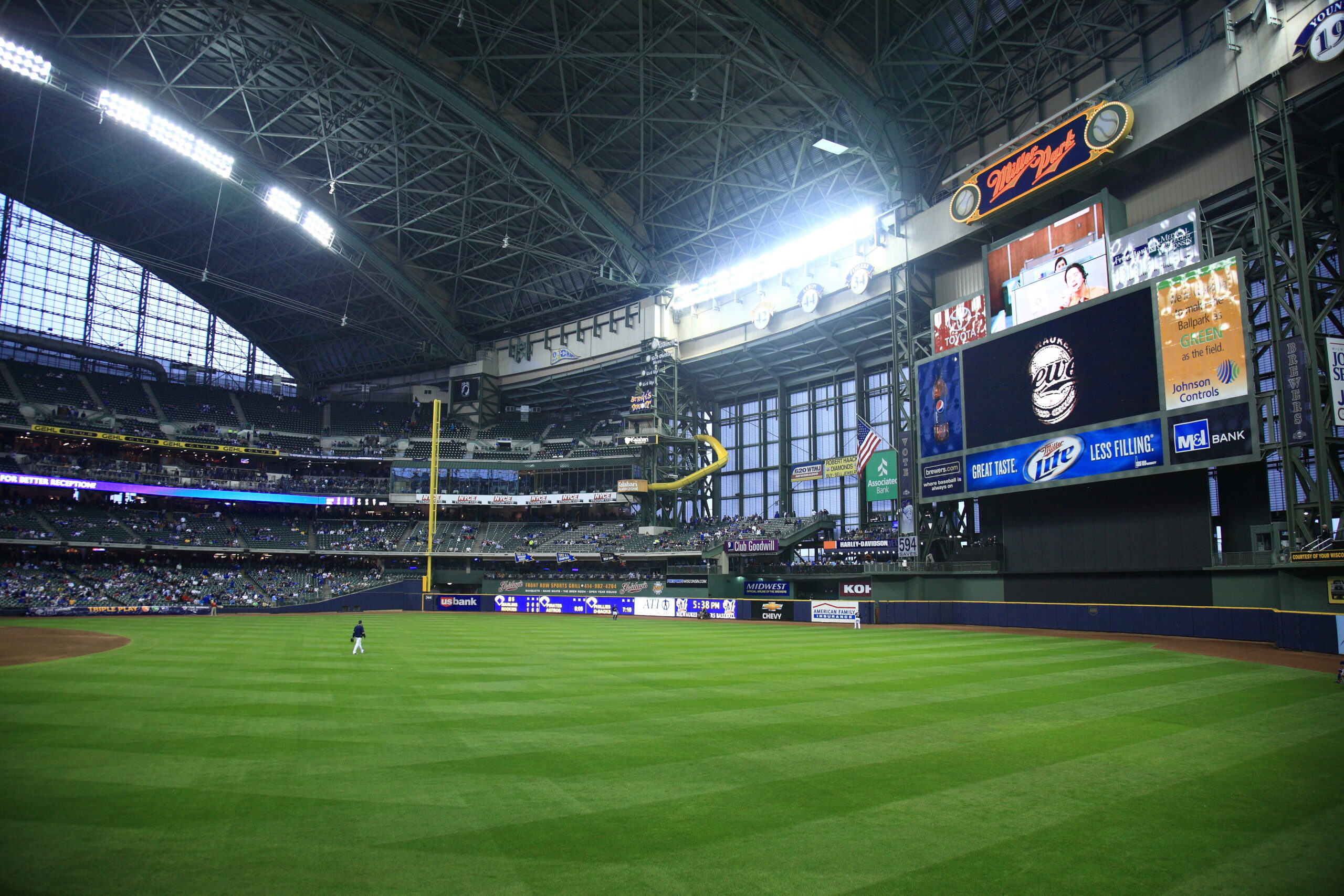 An inside look at American Family Field in Milwaukee, Wisconsin, home of the Milwaukee Brewers. A slide can be seen in the background, where the team's mascot takes a ride after every Brewers home run.